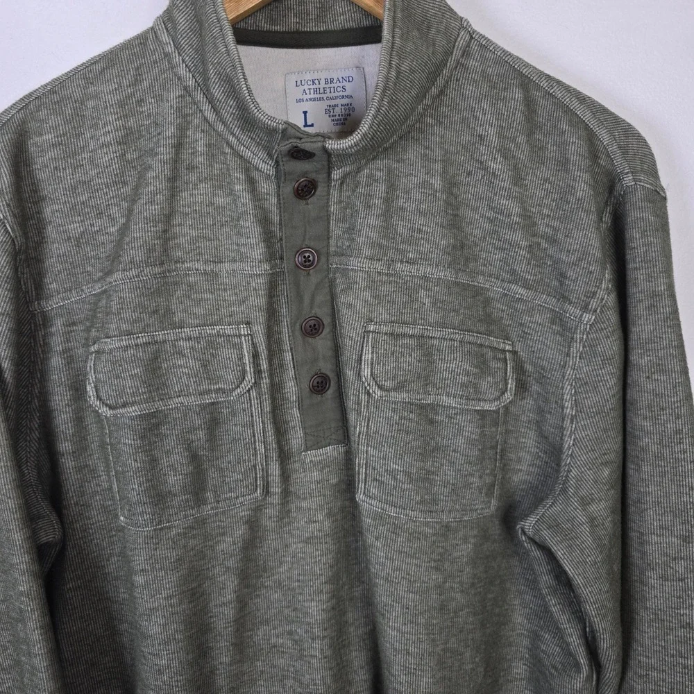Lucky Brand Mens Olive Green Ribbed Henley Pullover Sweater Large‎